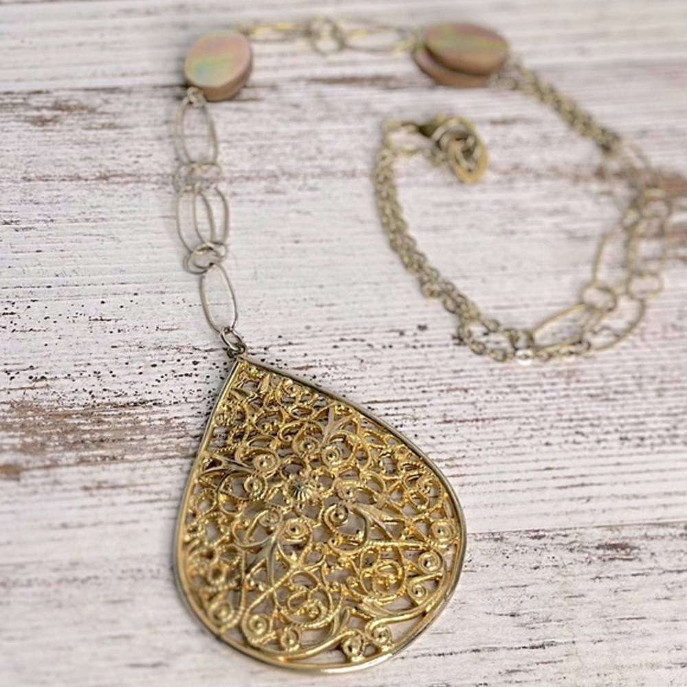 Estate Find! Gold & Silver Teardrop Filigree & Abalone Chain Link Necklace | GUC